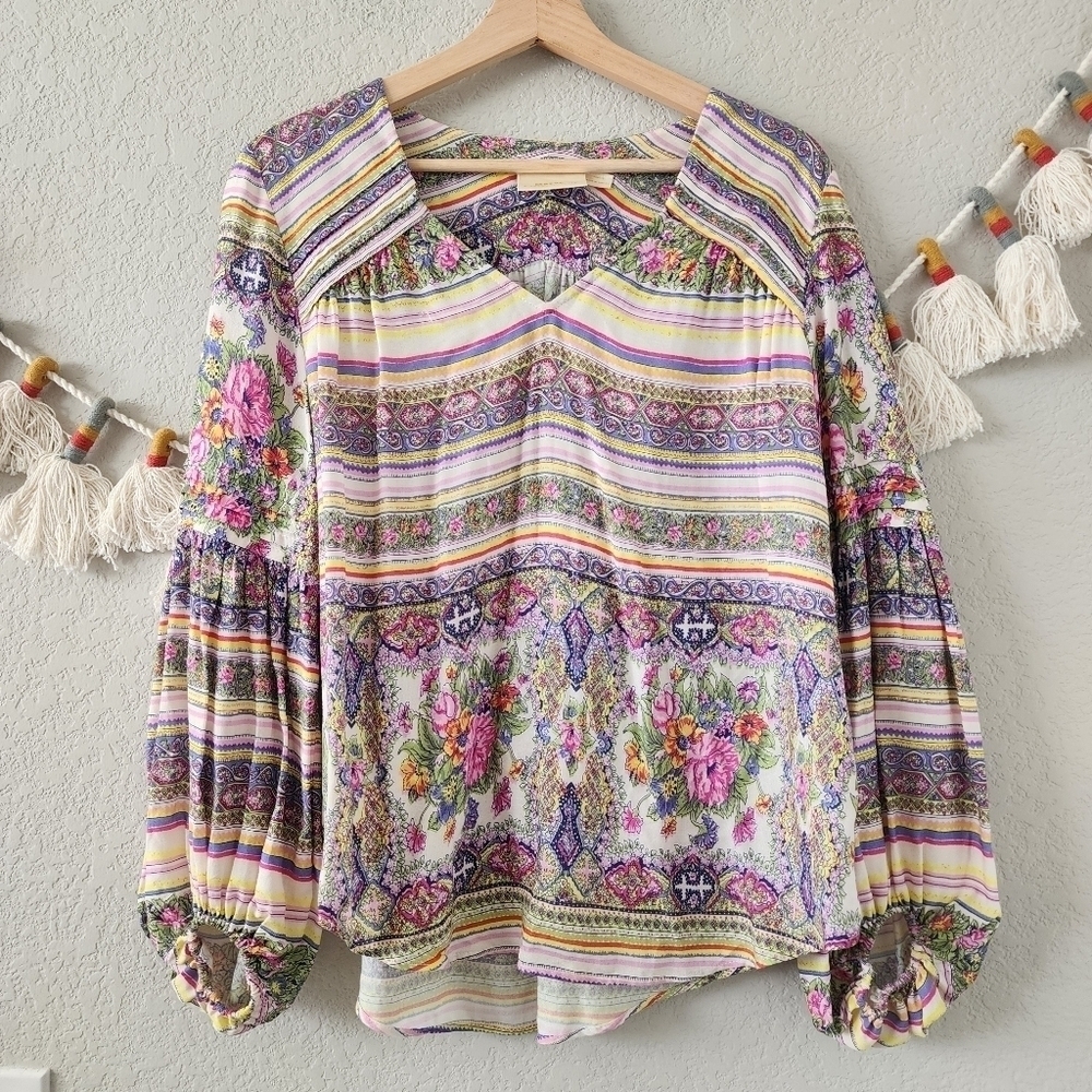 Anthropologie Maeve Ceresco Peasant Muticolor Mixed Print Boho Top Cottage XS